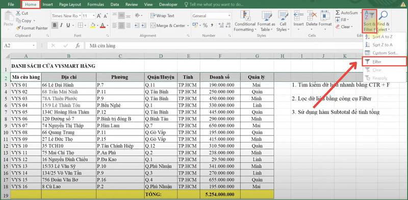 Bật Filter trong tab Home