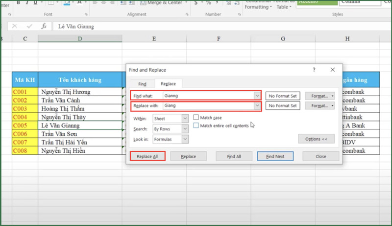 Thiết lập nội dung Find và Replace