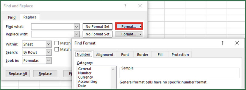 Chọn định dạng cần tìm qua bảng Format