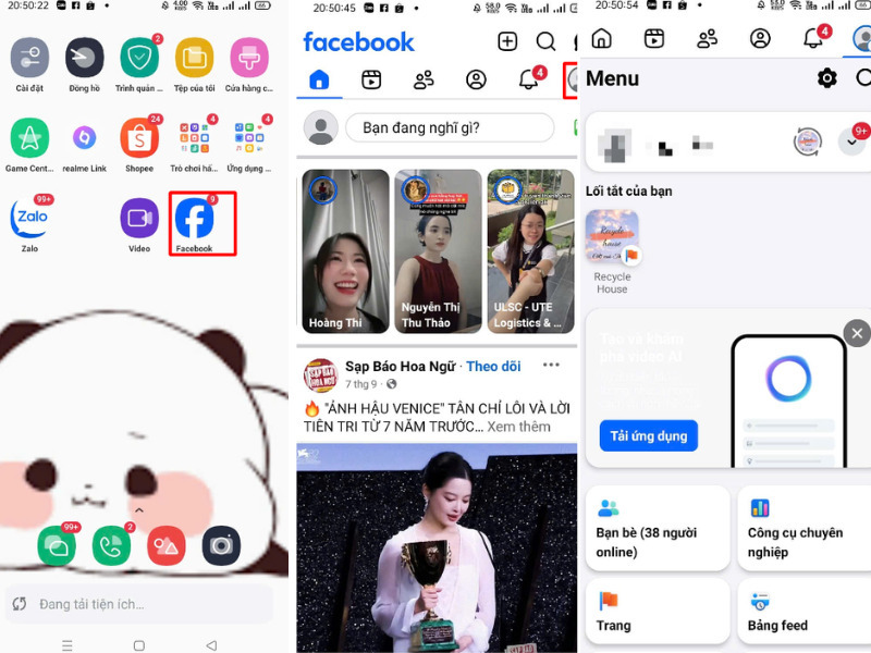 Mở Facebook và chọn vào biểu tượng dấu 3 gạch