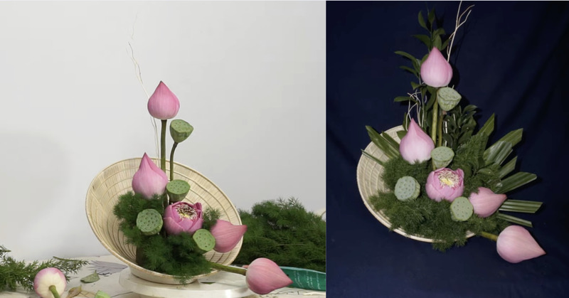 Cắm hoa sen hồng kết hợp với nón lá