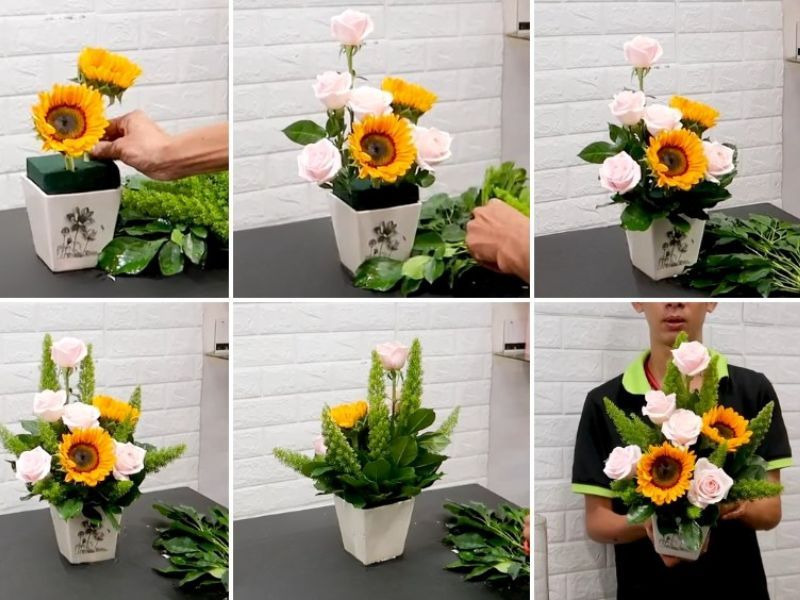 Cắm hoa hướng dương kết hợp hoa hồng