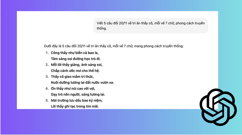 Tạo câu đối 20/11 bằng chat GPT