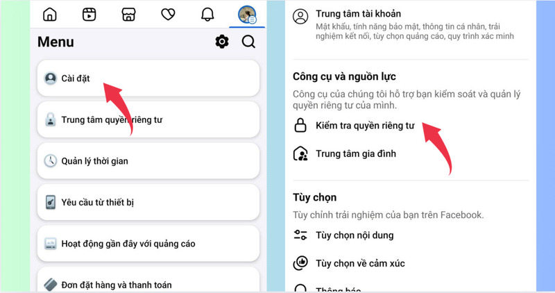 Mở Cài đặt và chọn phần kiểm tra quyền riêng tư