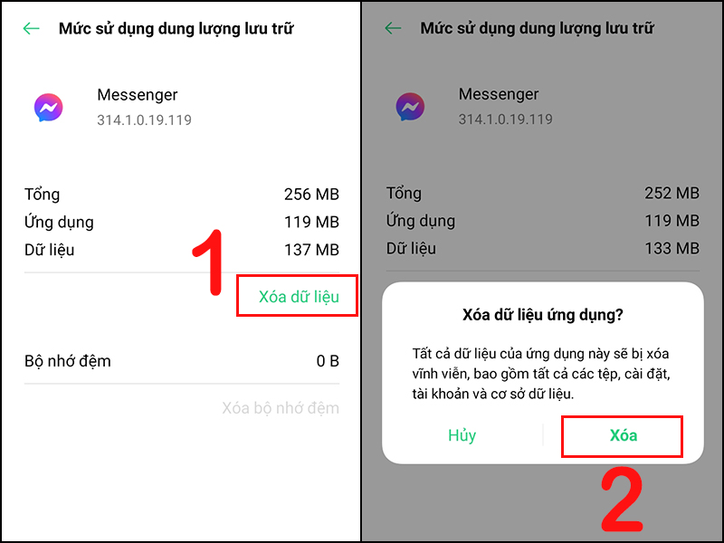 Bạn chọn “Xóa dữ liệu” rồi nhấn “Xóa” để đăng xuất và xử lý lỗi call video bị lệch mặt trên Messenger.