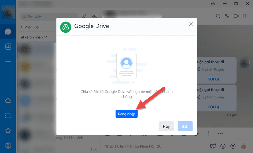 Bạn cần đăng nhập vào Google Drive trên Zalo để được phép chia sẻ video và tài liệu có sẵn trên Drive.