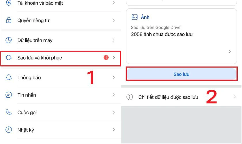 Bấm chọn Sao lưu tin nhắn