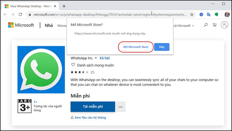 Đồng ý mở Microsoft Store sau khi chọn Tải miễn phí.