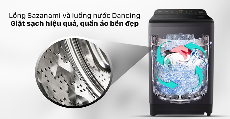Máy giặt Panasonic 8.5 Kg NA-F85A9BRV- Lồng giặt Sazanami kết hợp luồng nước Dancing Water Flow giúp giặt sạch hiệu quả, quần áo bền đẹp