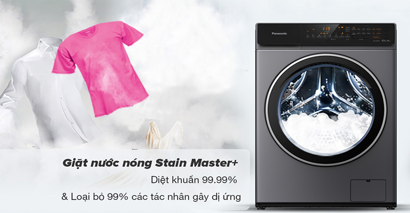 Máy giặt sấy Panasonic Inverter 10 kg NA-S106FC1LV - Công nghệ giặt nước nóng Stain Master+ diệt khuẩn đến 99.99% và loại bỏ đến 99% các tác nhân gây dị ứng