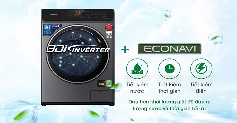 Máy giặt sấy Panasonic Inverter 10 kg NA-S106FC1LV - Sử dụng động cơ 3D Inverter tiết kiệm điện, nước và vận hành êm ái