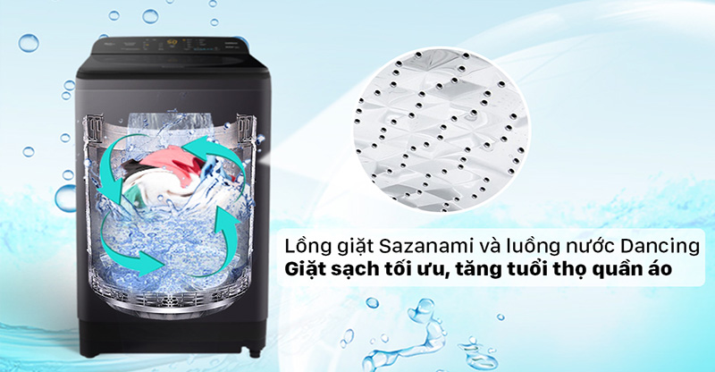Máy giặt Panasonic 8.5 Kg NA-F85A9BRV- Lồng giặt Sazanami kết hợp luồng nước Dancing Water Flow giúp giặt sạch hiệu quả, quần áo bền đẹp