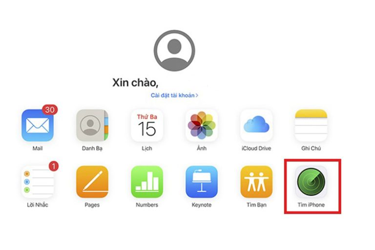 Định vị iPhone bằng tính năng Find My trên iCloud.
