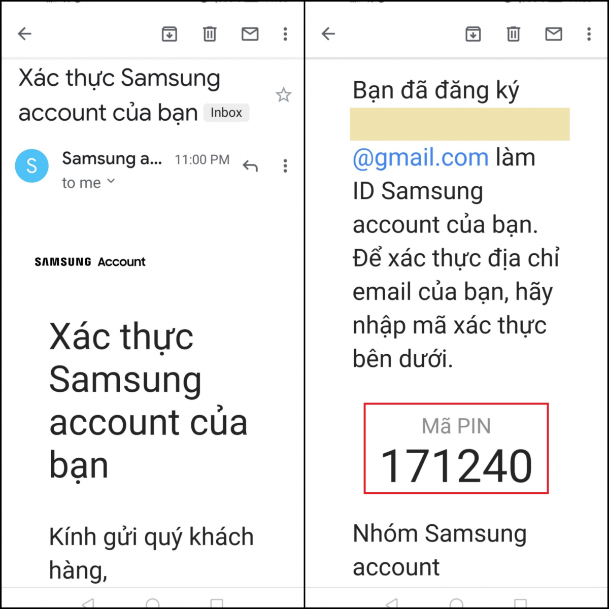 Samsung gửi mã xác nhận về địa chỉ Gmail của bạn.
