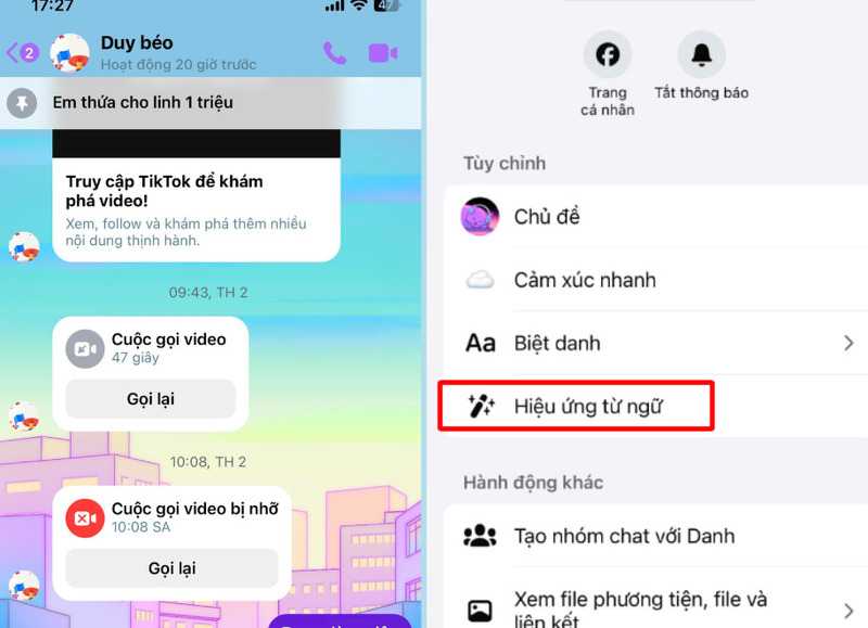 Chọn vào Hiệu ứng từ ngữ trong cuộc trò chuyện