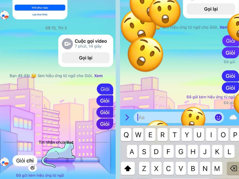 Hiệu ứng kèm icon xuất hiện sau khi tin nhắn gửi đi