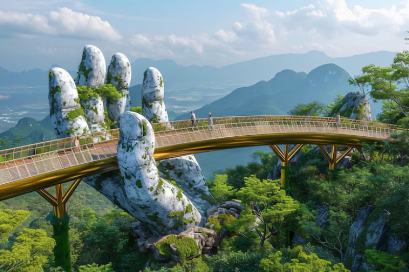 Cầu Vàng Đà Nẵng được nâng đỡ bởi hai bàn tay đá khổng lồ giữa núi rừng Bà Nà Hills