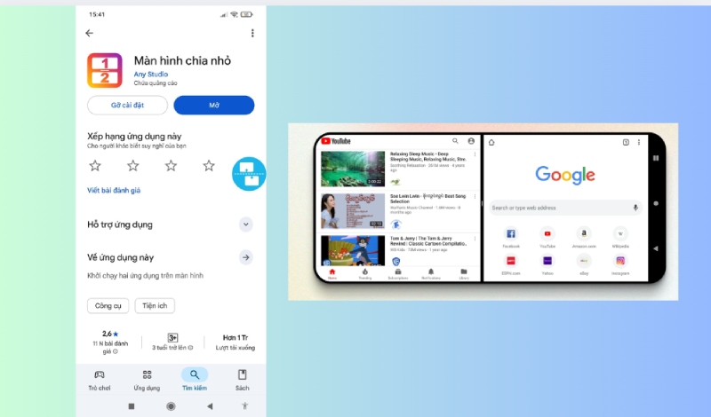 Ứng dụng Màn hình chia nhỏ mở đồng thời YouTube và Google