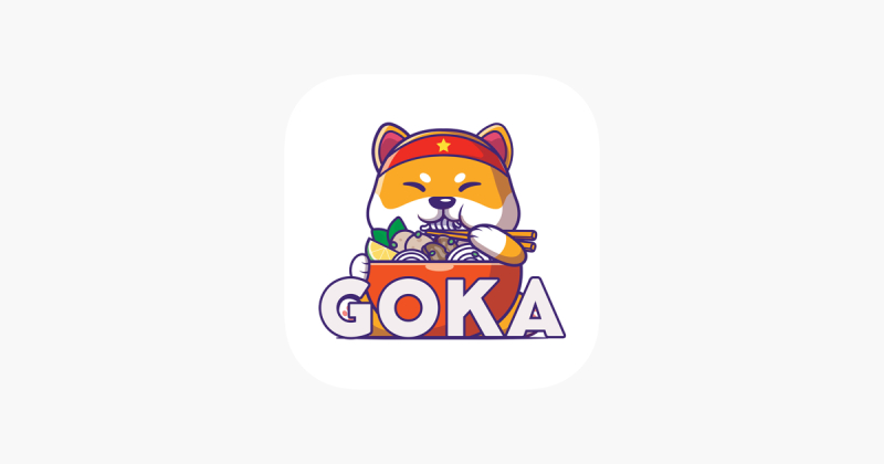 Logo ứng dụng Goka với hình chú chó Shiba đội khăn đỏ và ăn phở