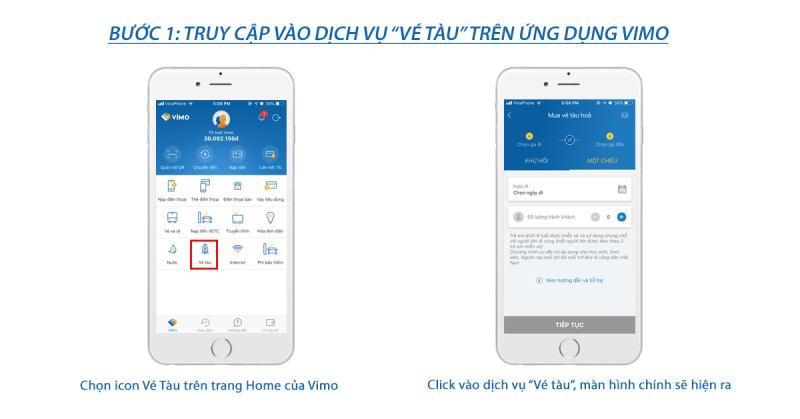 Truy cập dịch vụ vé tàu trên ứng dụng Vimo để đặt vé trực tuyến