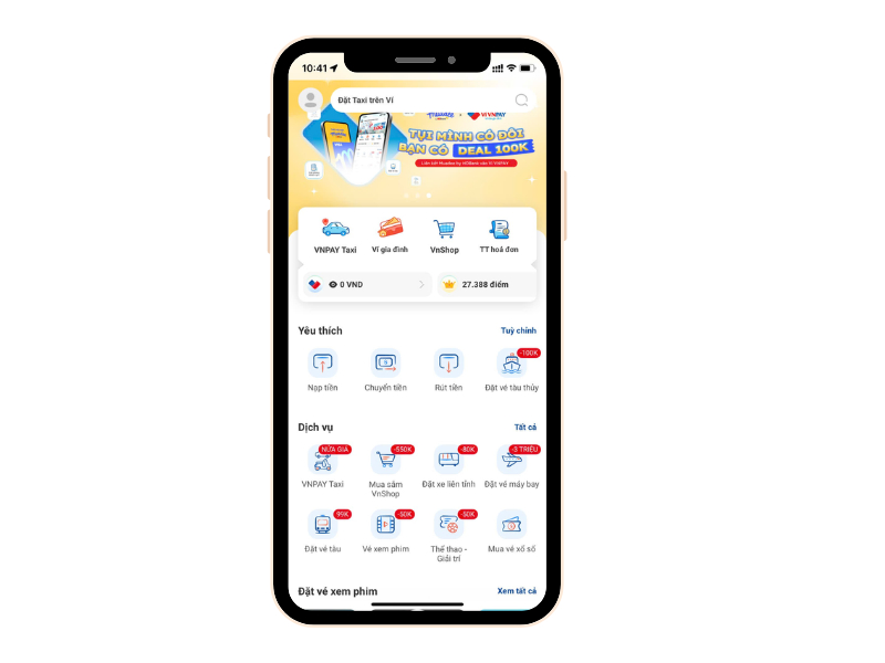 Giao diện ứng dụng VNPAY với nhiều dịch vụ, trong đó có đặt vé tàu