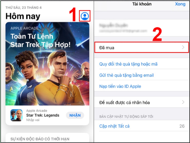 Truy cập tài khoản App Store và chọn mục Đã mua