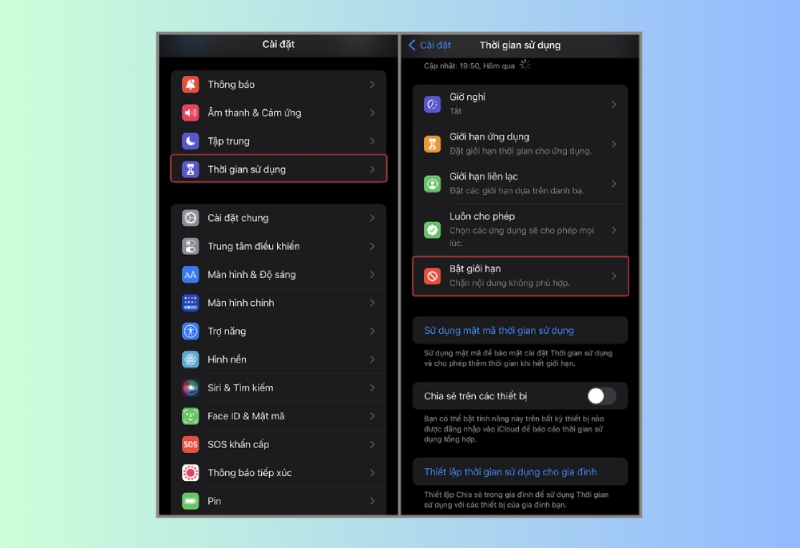 Vào Cài đặt và chọn Thời gian sử dụng trên iPhone