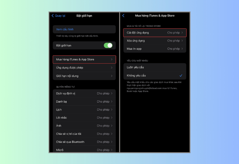 Bật giới hạn và chọn mục Mua hàng iTunes & App Store