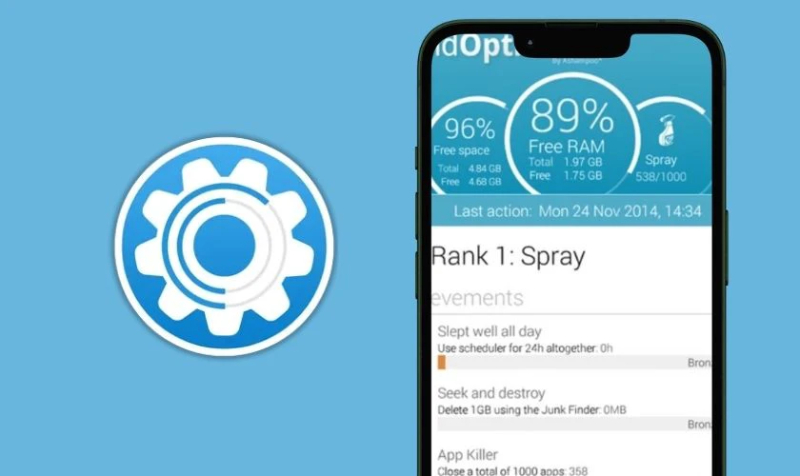 Giao diện Droid Optimizer hiển thị dung lượng RAM và bộ nhớ trống