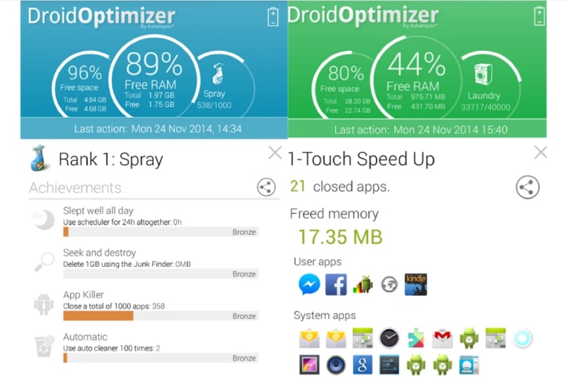 Giao diện ứng dụng Droid Optimizer dọn rác và giải phóng RAM