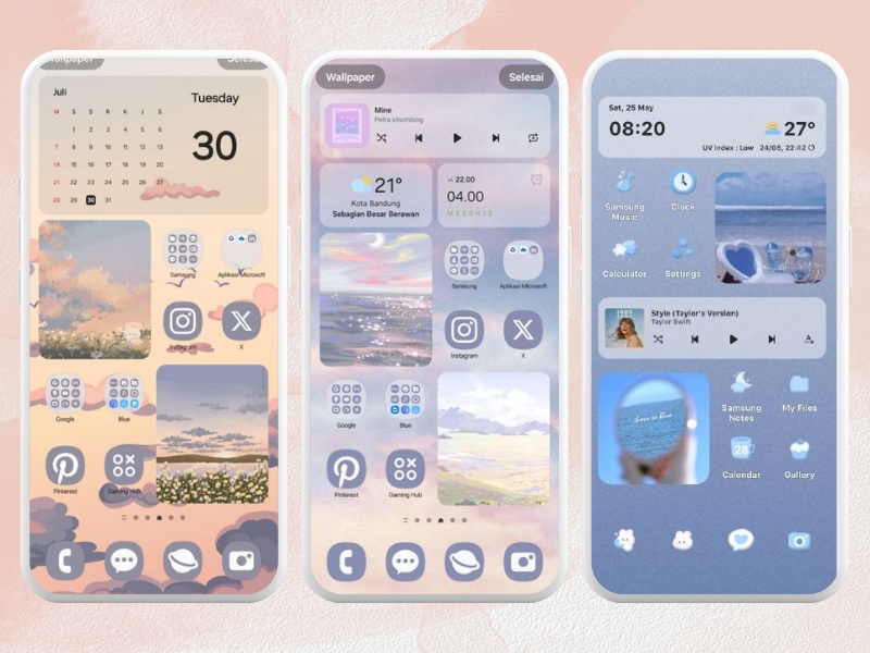 Màn hình điện thoại trang trí widget pastel với lịch, nhạc và ảnh nền mây