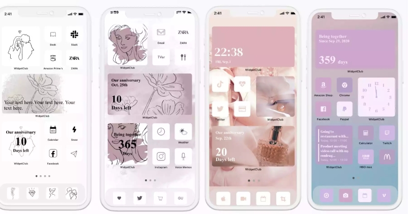Giao diện iPhone trang trí widget kỷ niệm, màu hồng tím nhẹ nhàng