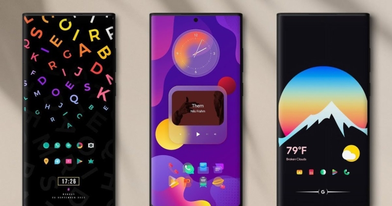 Màn hình Android với icon nghệ thuật, widget đồng hồ