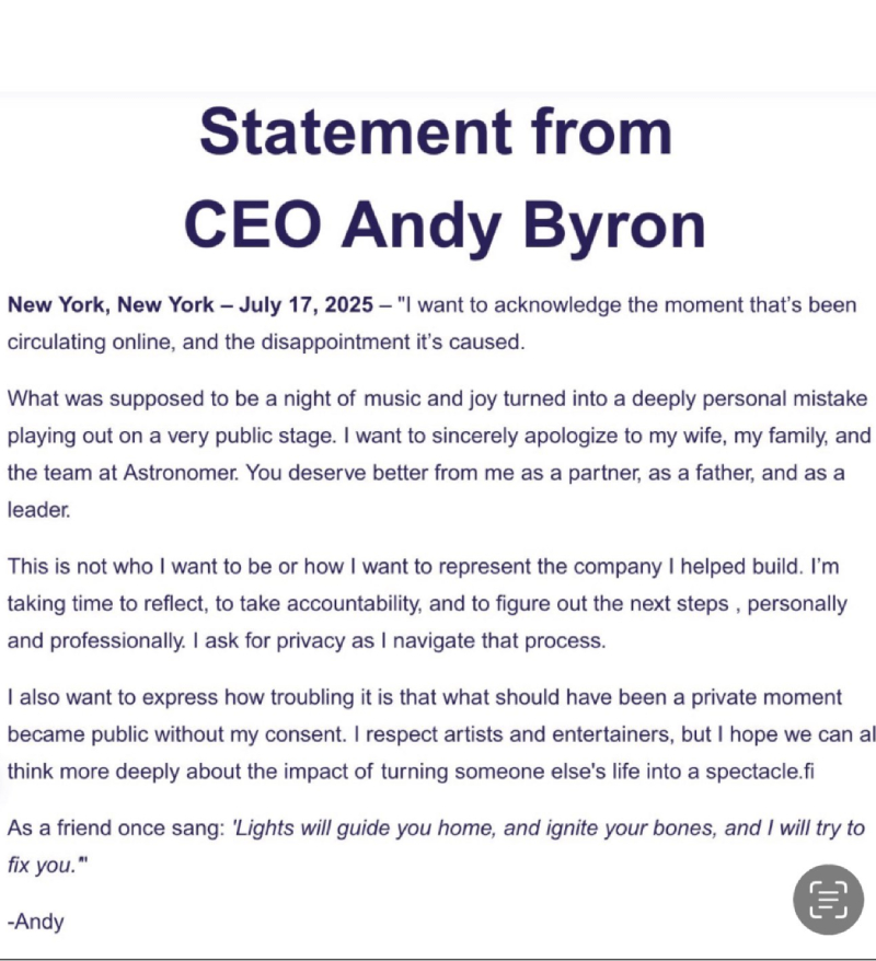 Nội dung bài viết mà CEO Andy Byron gửi cho nhân viên sau bê bối