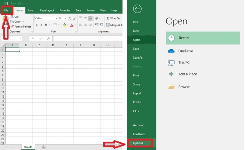 Mở File Options trong Excel