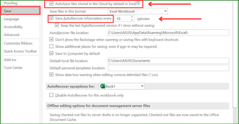 Cài đặt AutoSave và AutoRecover trong Excel