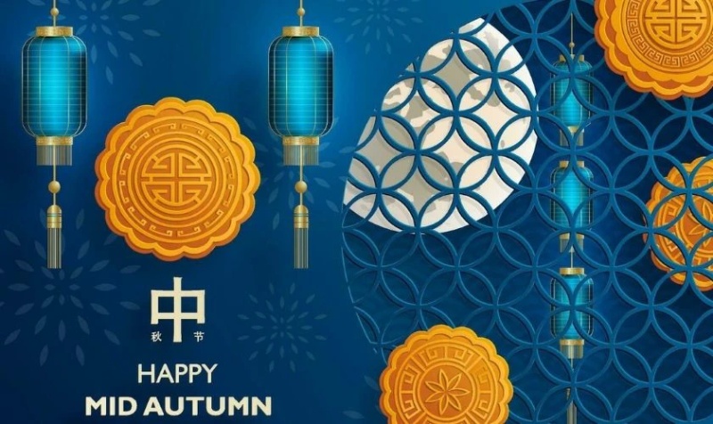 Background tết trung thu với hình bánh chưng, đèn lồng màu xanh dương đậm