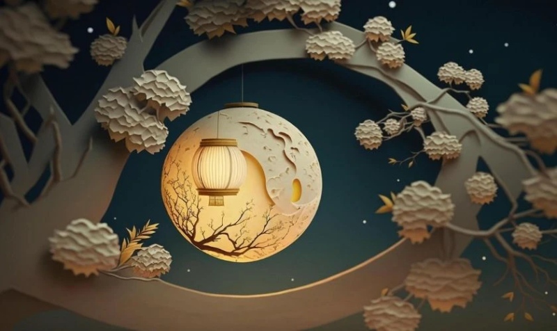 Background tết trung thu với hình mặt trăng và lồng đèn