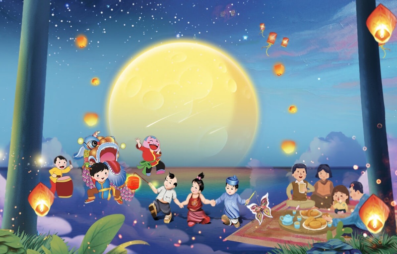 Trẻ em vui múa lân, người lớn sum vầy ăn bánh Trung Thu