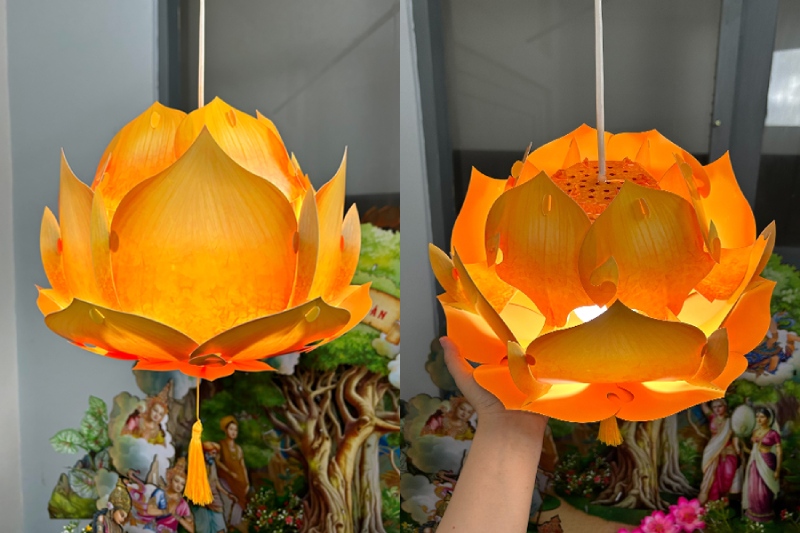 Đèn Trung Thu hình hoa sen màu vàng cam tỏa sáng lung linh