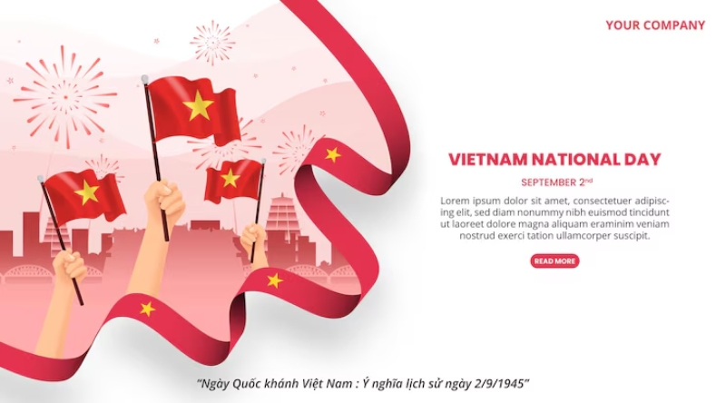Banner quốc khánh 2/9 với hình ảnh lá cờ cầm tay