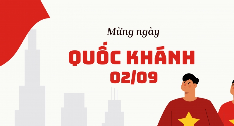 Banner mừng quốc khánh với hình ảnh người dân mặc áo cờ đỏ sao vàng