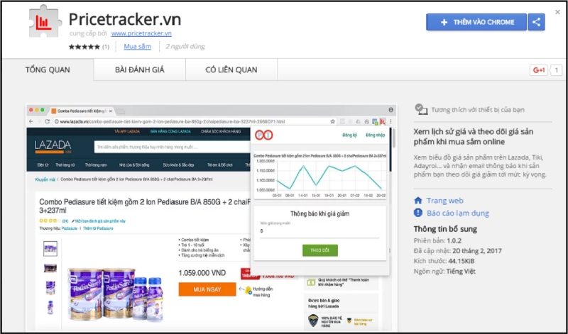 Giao diện Pricetracker theo dõi lịch sử giá