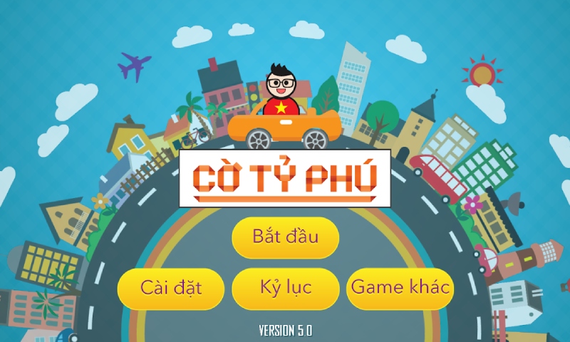 Giao diện trò chơi Cờ tỷ phú bản điện tử với các nút bắt đầu, cài đặt và kỷ lục