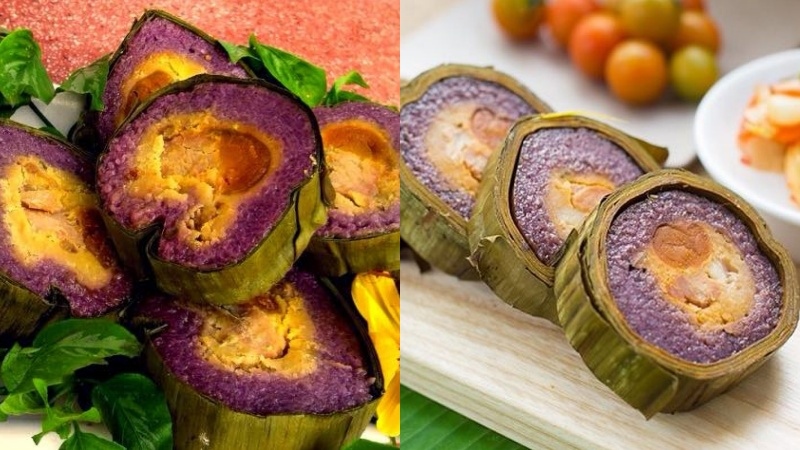 Bánh tét Trà Cuôn được cắt thành từng khoanh nhỏ