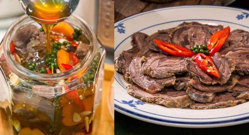 Bắp bò ngâm mắm ăn kèm tiêu ớt.