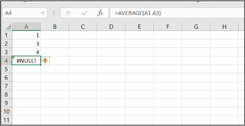 Lỗi #NULL! trong Excel do thiếu dấu hai chấm giữa phạm vi ô