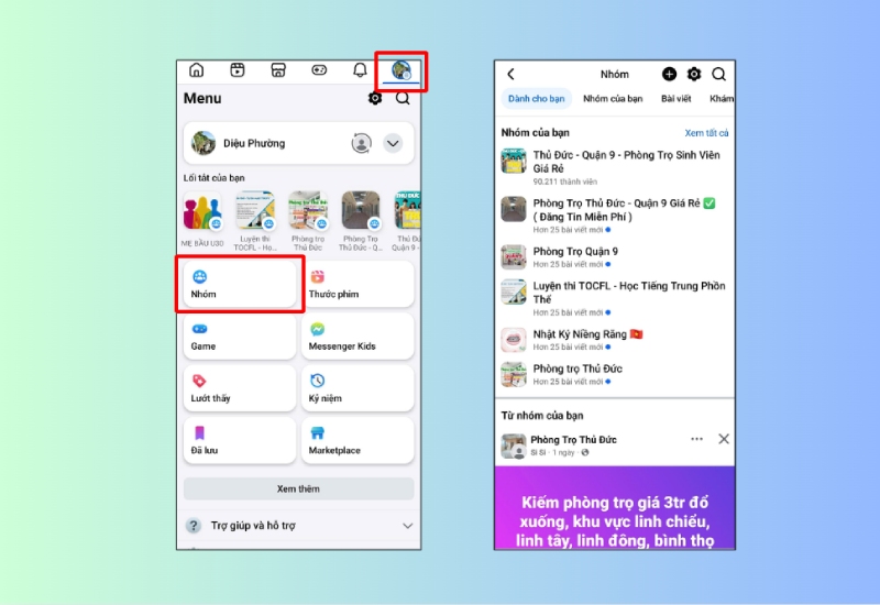 Vào mục Nhóm trong menu Facebook trên điện thoại