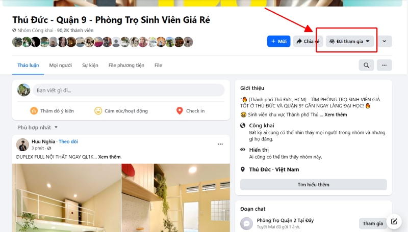 Nhấn nút Đã tham gia trong giao diện nhóm