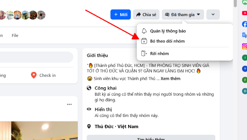 Chọn mục Bỏ theo dõi nhóm để ẩn nhóm